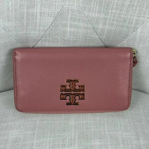 Tory Burch Pink Magnolia Britten Continental Leather Zip Wallet EUC